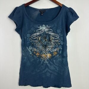 FANG Y2K Top Womens XL Fitted‎ Tattoo Print Short Sleeve Blue 90s Floral